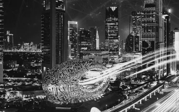 Dubai skyline with the Museum of the Future under a network overlay