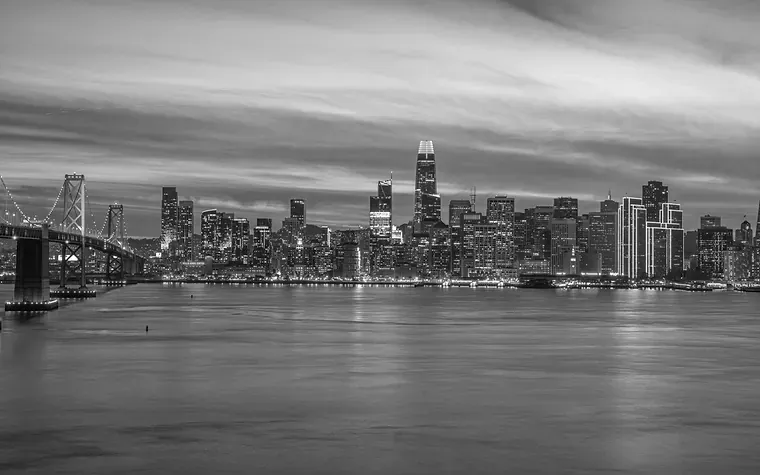 San Francisco skyline and the Bay Bridge at twilight