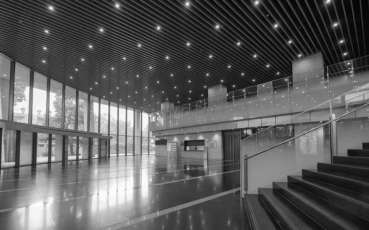 Linear corridor inside a modern corporate building