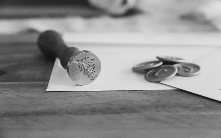 A seal press beside finished wax seals on paper