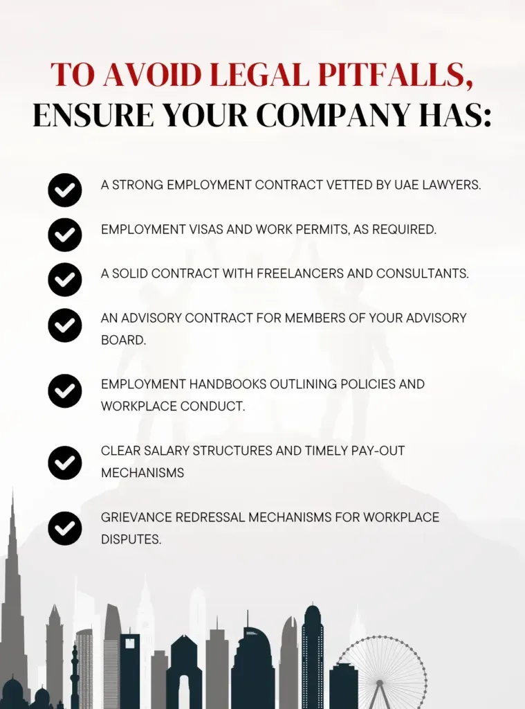 A NeosLegal checklist headed “To avoid legal pitfalls, ensure your company has”, listing a strong employment contract vetted by UAE lawyers; employment visas and work permits, as required; a solid contract with freelancers and consultants; an advisory contract for members of your advisory board; employment handbooks outlining policies and workplace conduct; clear salary structures and timely pay-out mechanisms; and grievance redressal mechanisms for workplace disputes.